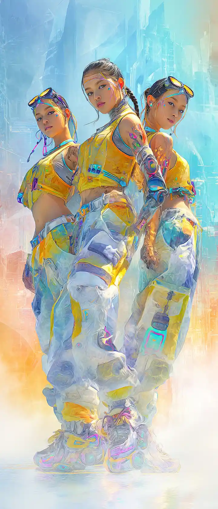 Cybernetic dancers in futuristic summer city fashion