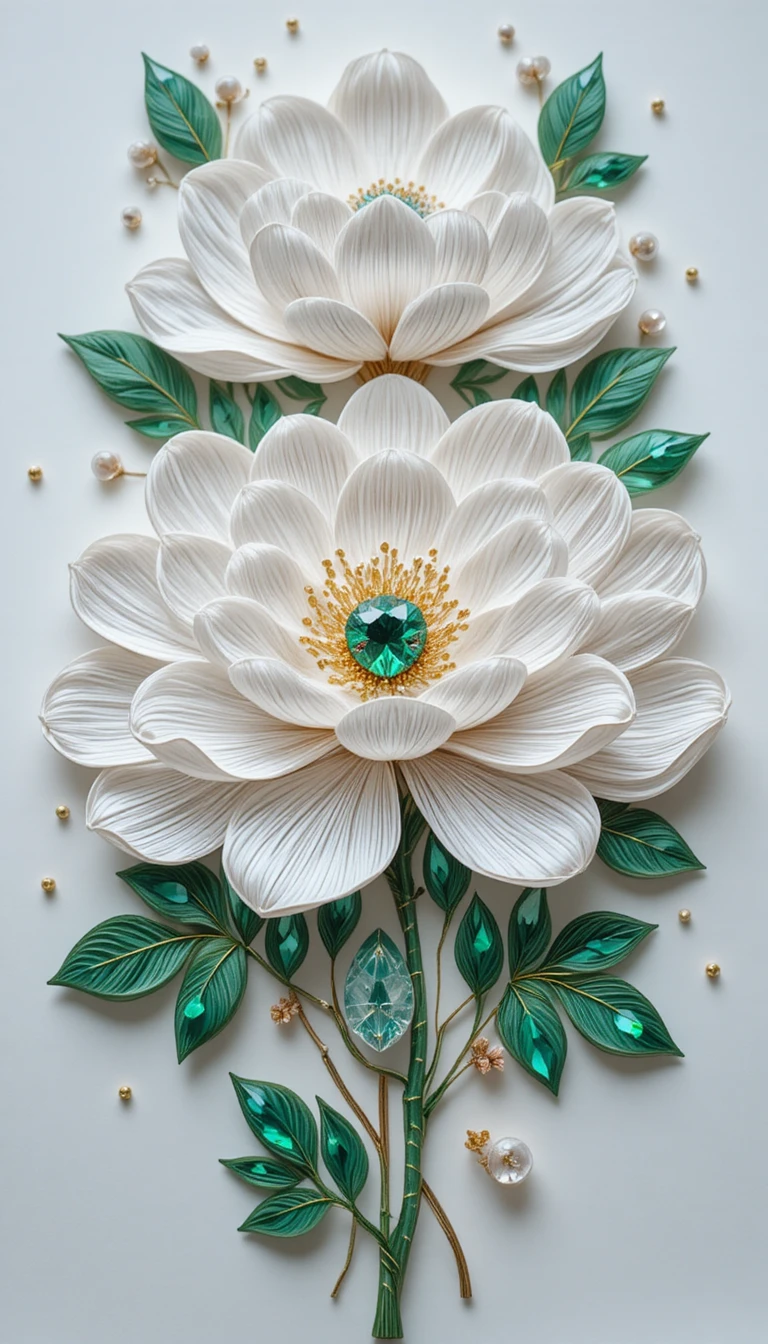 Paper quilling peonies with crystal accents on white background