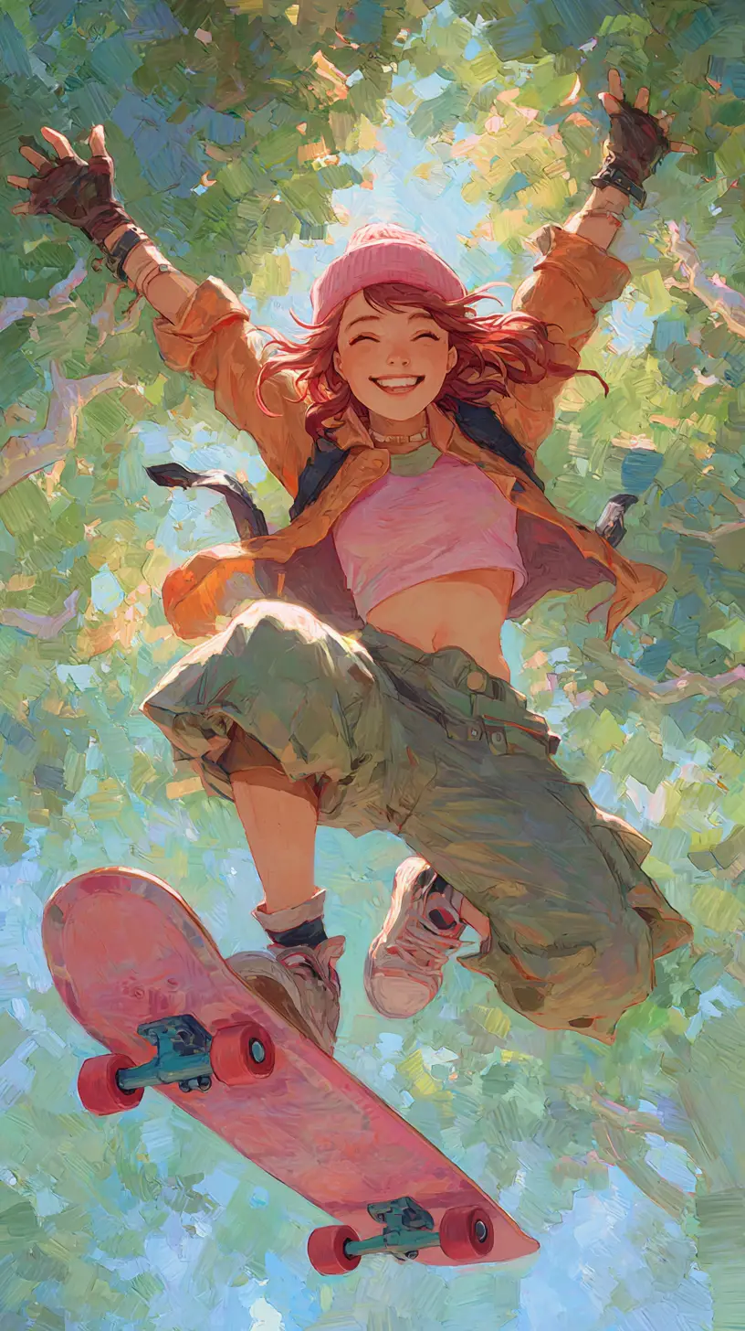Joyful girl soaring mid air with a pastel skateboard