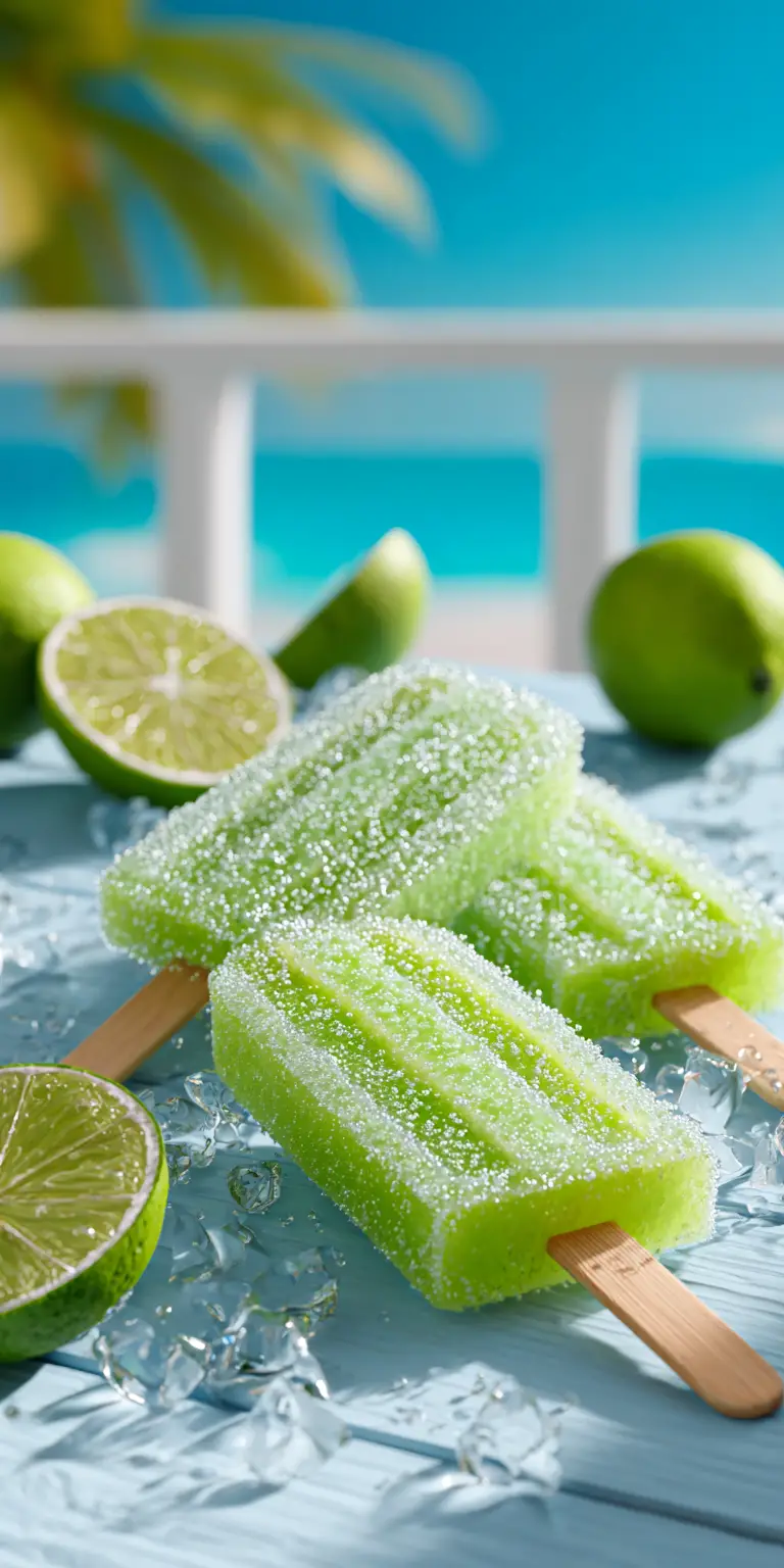 Lime mint popsicles with lime slices on sunny patio