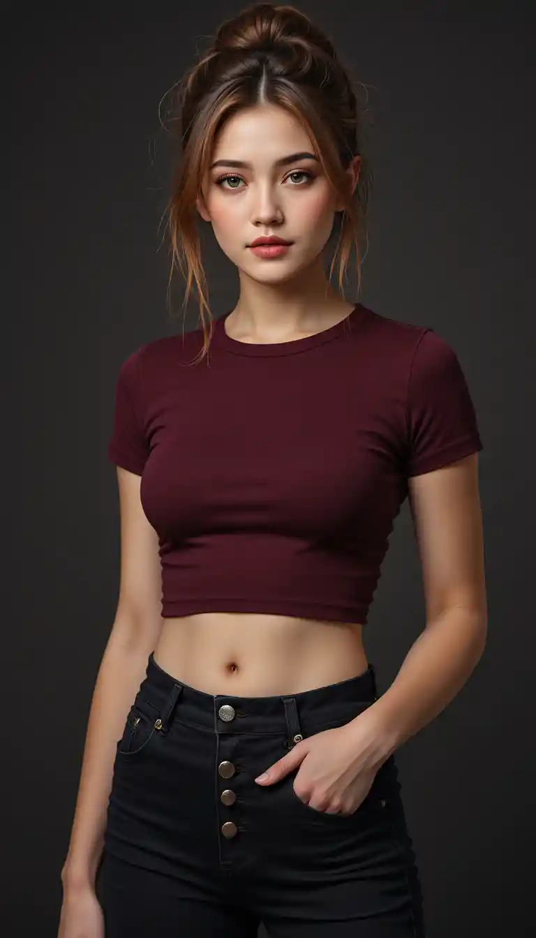 Confident young woman in burgundy crop top and black pants