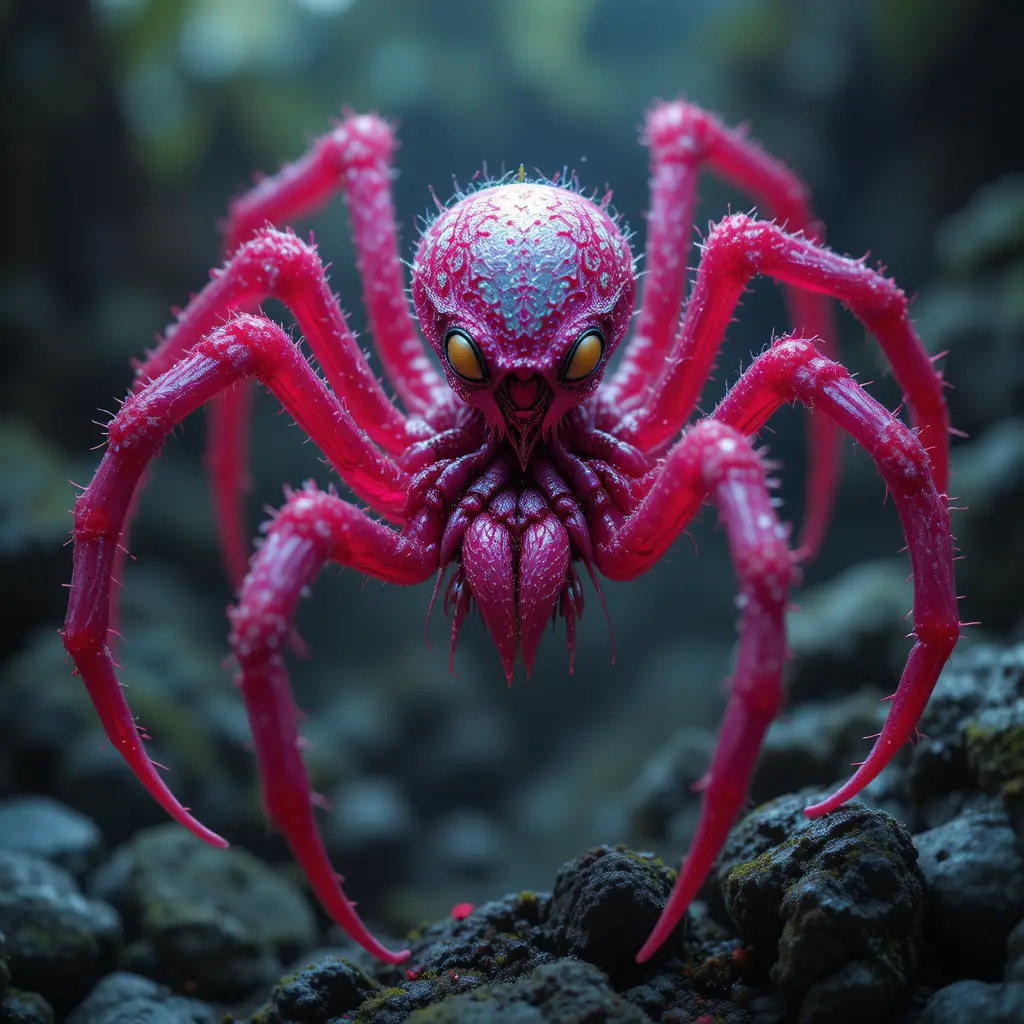 Tall bat eared humanoid spider creature with purple wings