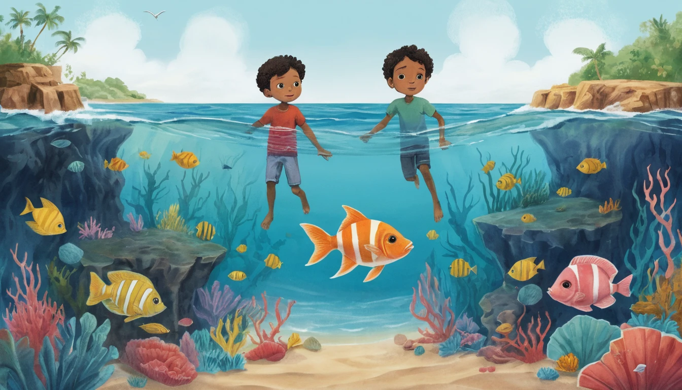Playful children illustration of a lively underwater aquarium scene