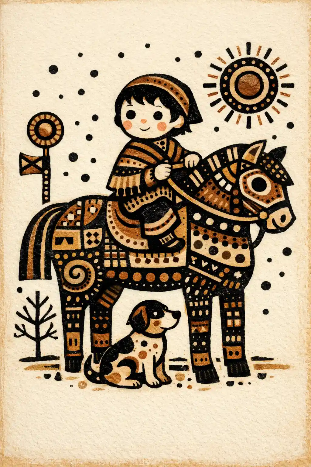 Child Riding Patterned Folk Horse With Small Dog Companion