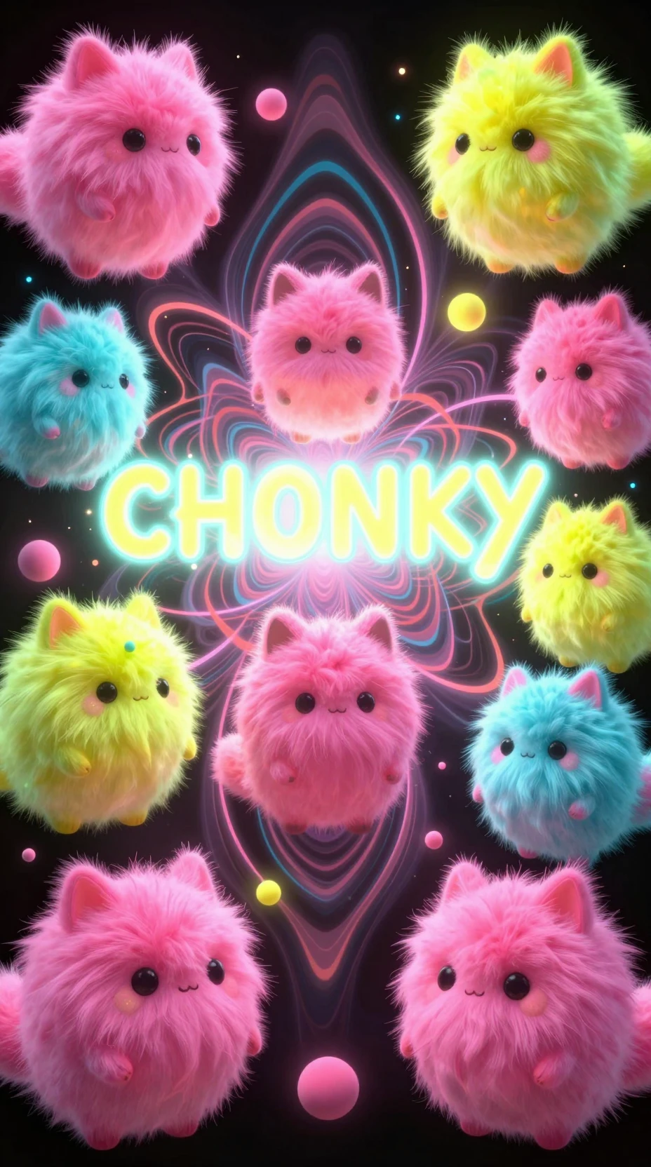 Neon fantasy creatures dissolving into hypnotic geometric light