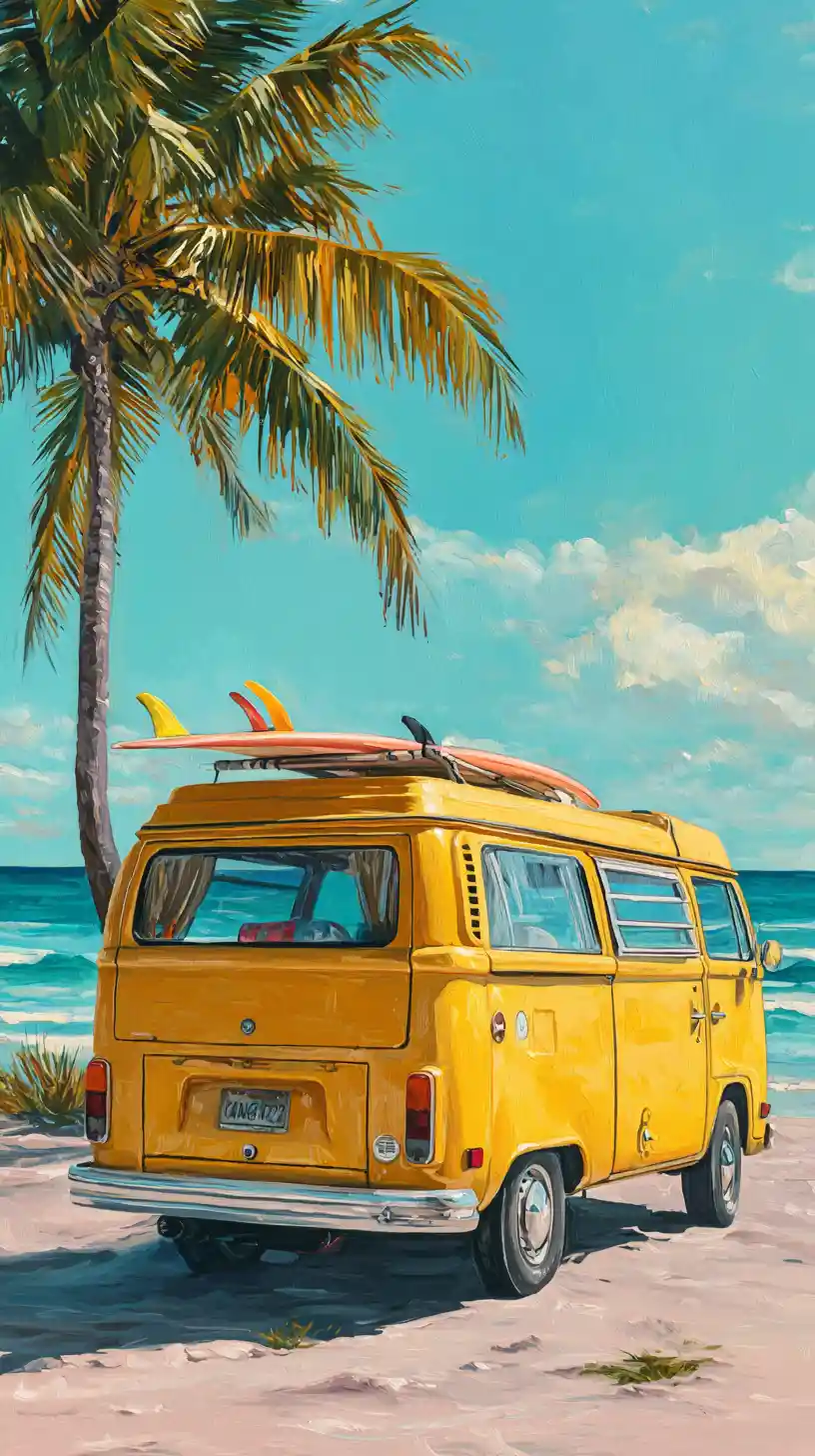 Yellow van with surfboards on a tranquil beach at sunset