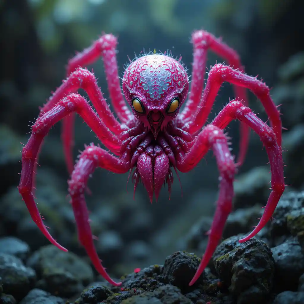 Tall bat eared humanoid spider creature with purple wings