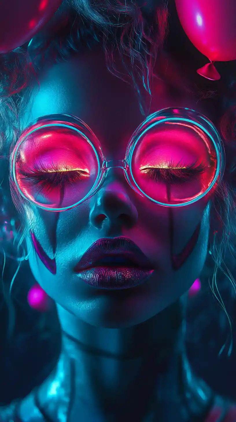 Neon-Clown-Muse mit leuchtendem Cyber-Karneval-Make-up