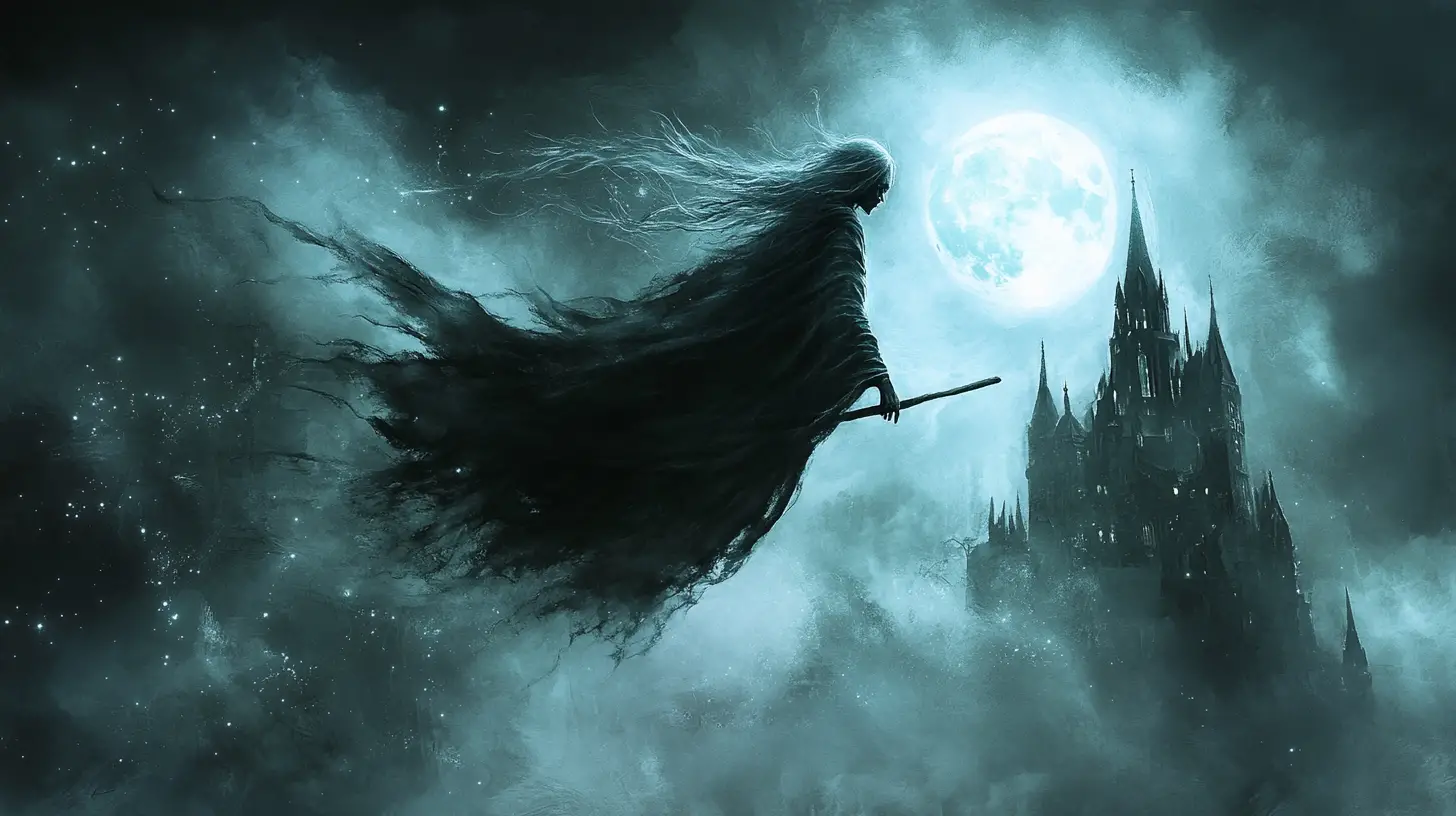 Mystical witch flying on a broom before a gothic castle