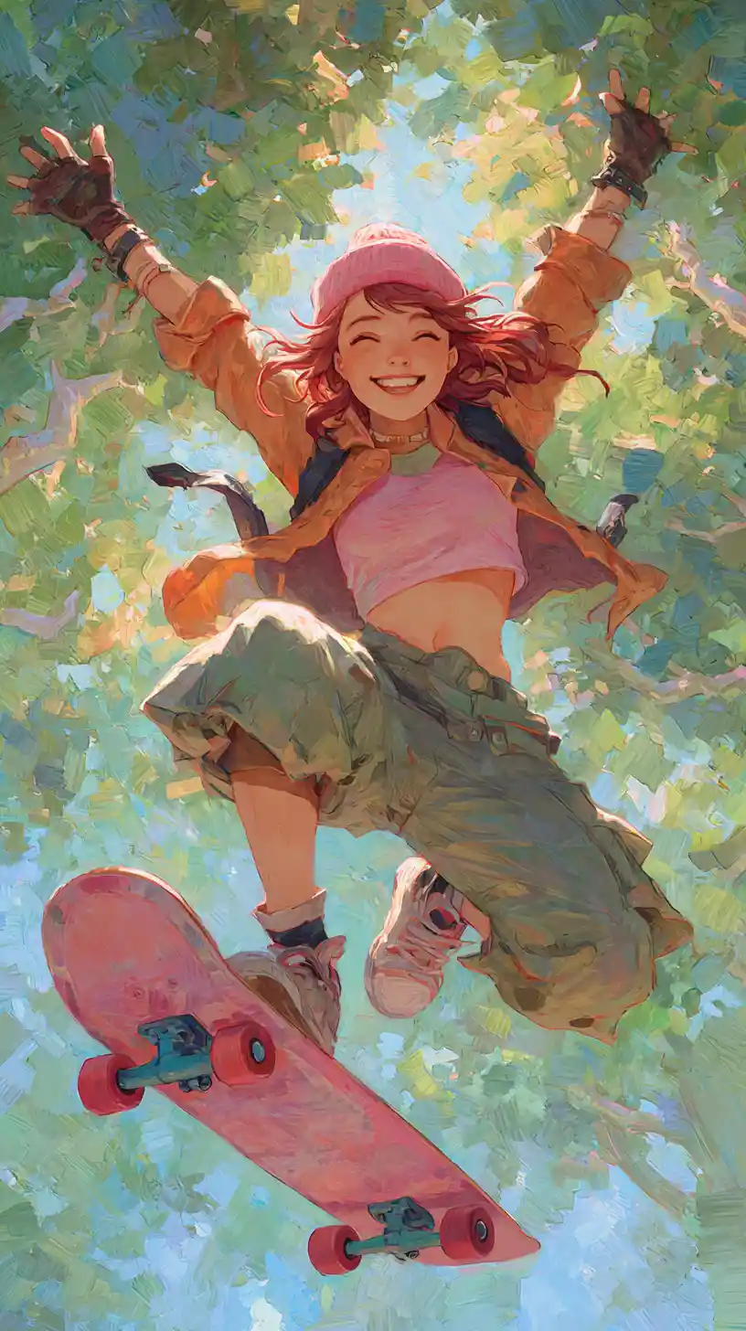 Joyful girl soaring mid air with a pastel skateboard