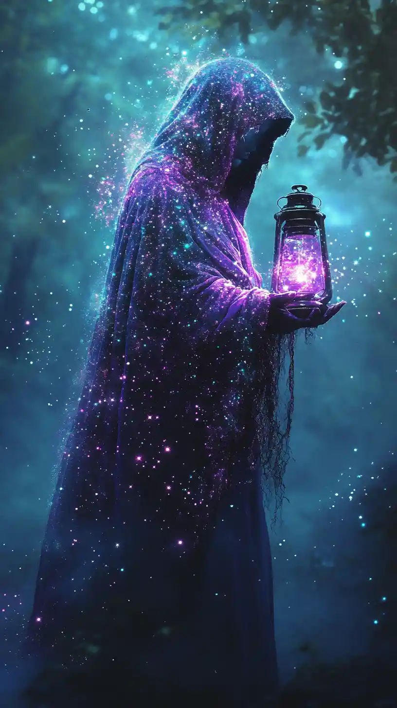 Hooded spirit with lantern above a foggy moonlit forest