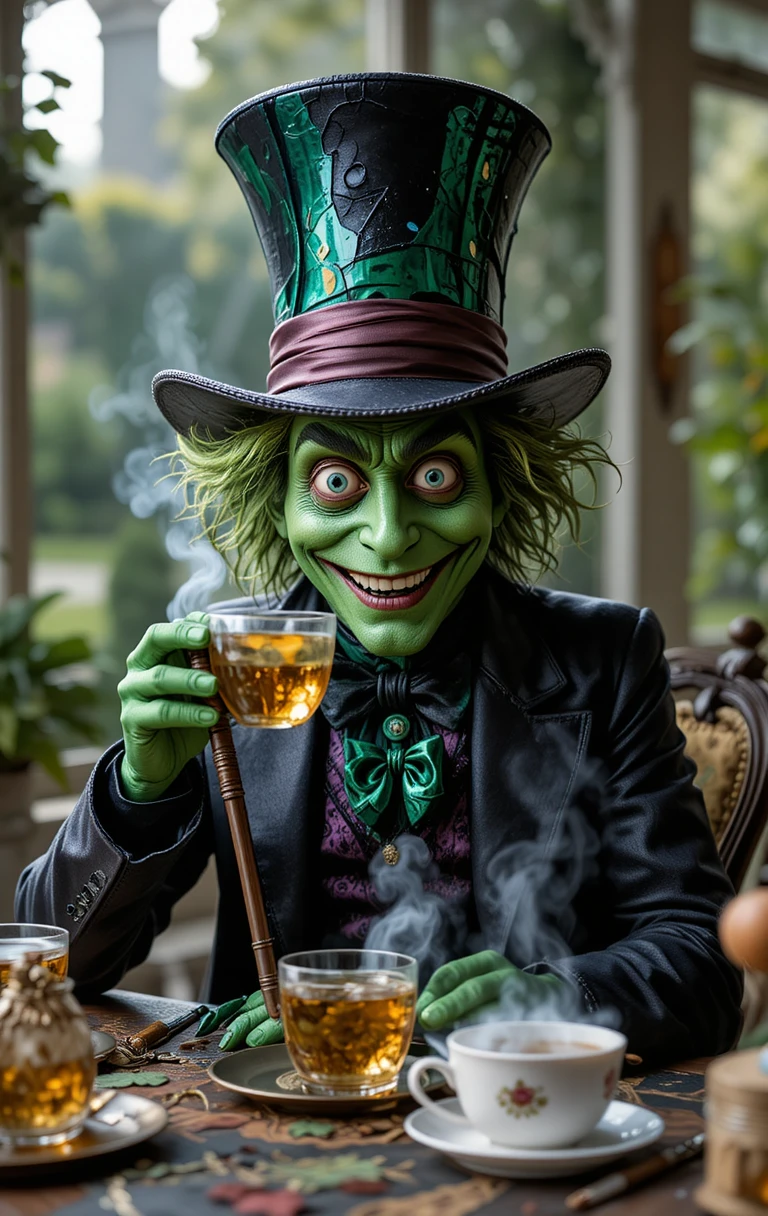 Green mad hatter character drinking tea at outdoor table