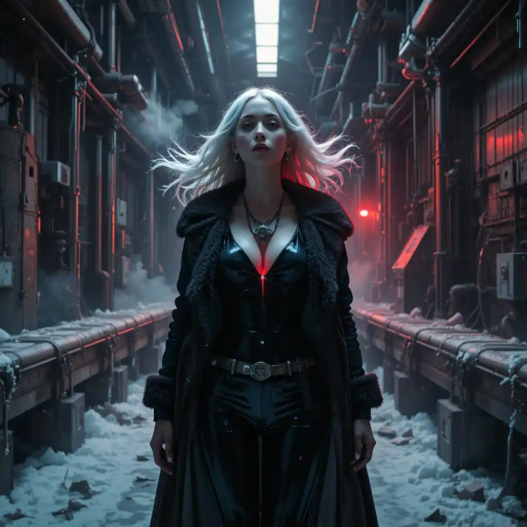 Cyberpunk nurse in abandoned cryogenic factory corridor