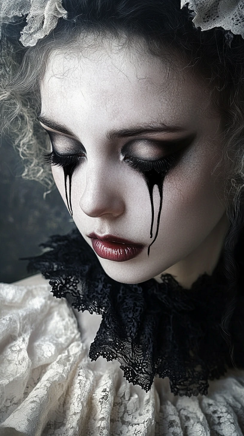 Sorrowful gothic woman with porcelain skin and dark tears