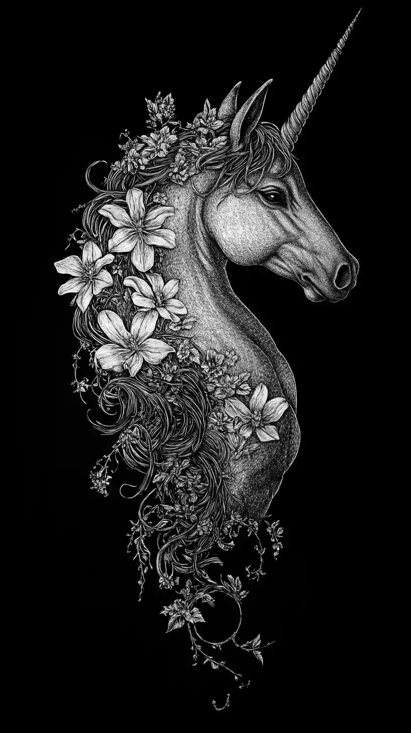Gothic unicorn profile in floral etched line art