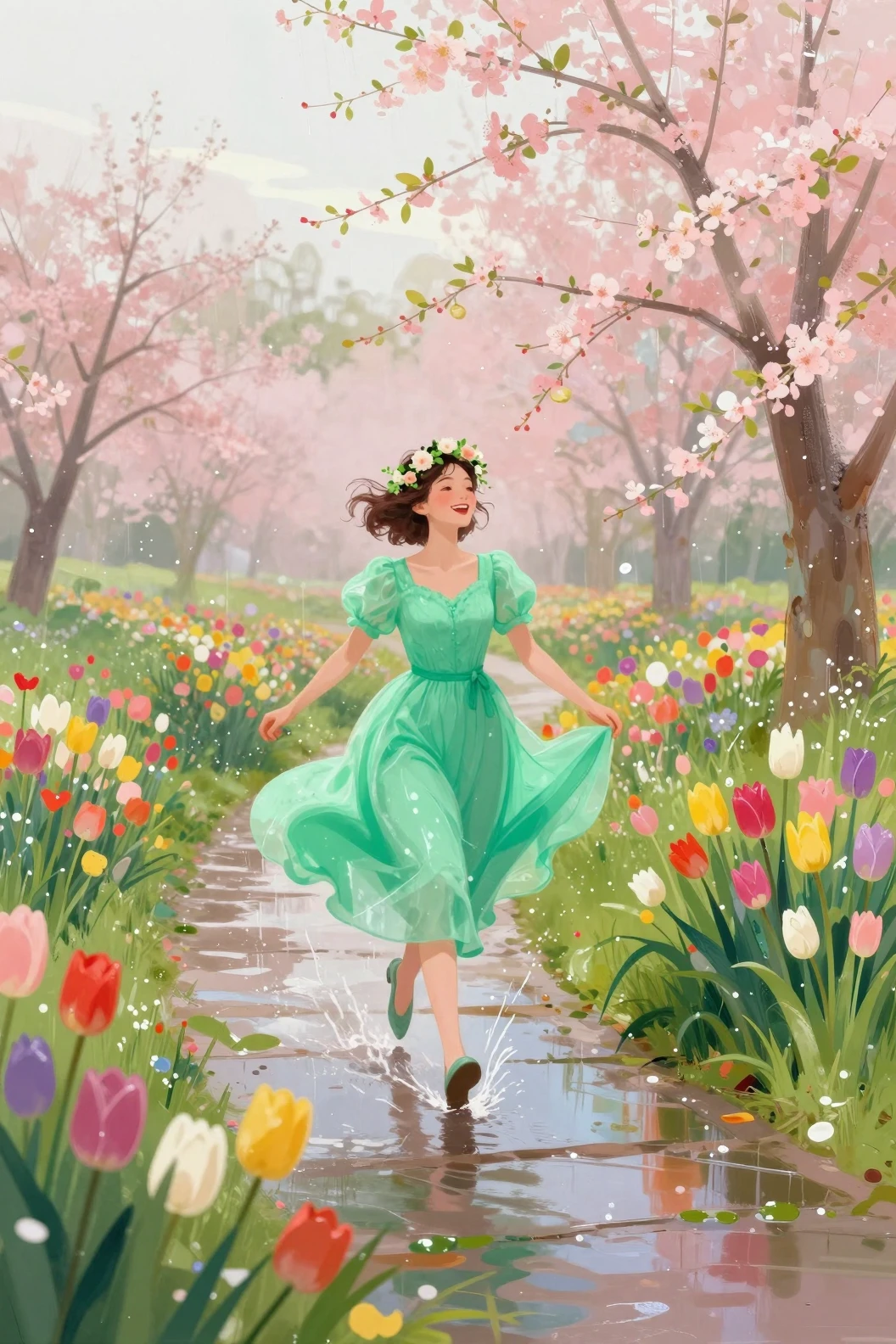 Chica con vestido verde caminando por un parque de flores lluvioso