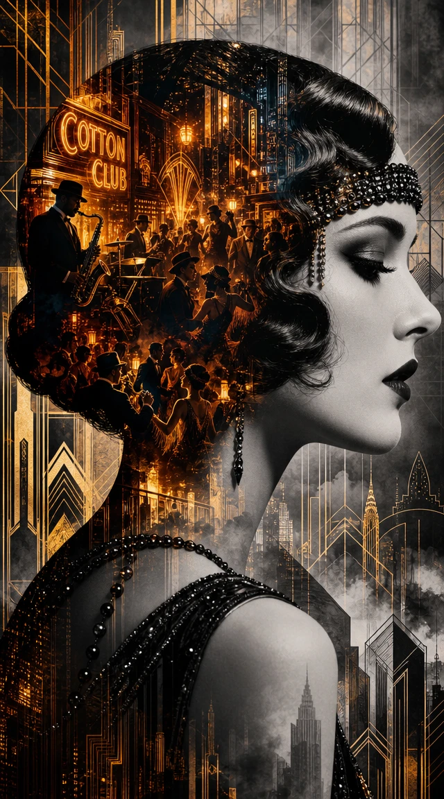 Double exposure portrait of a 1920s flapper woman profile