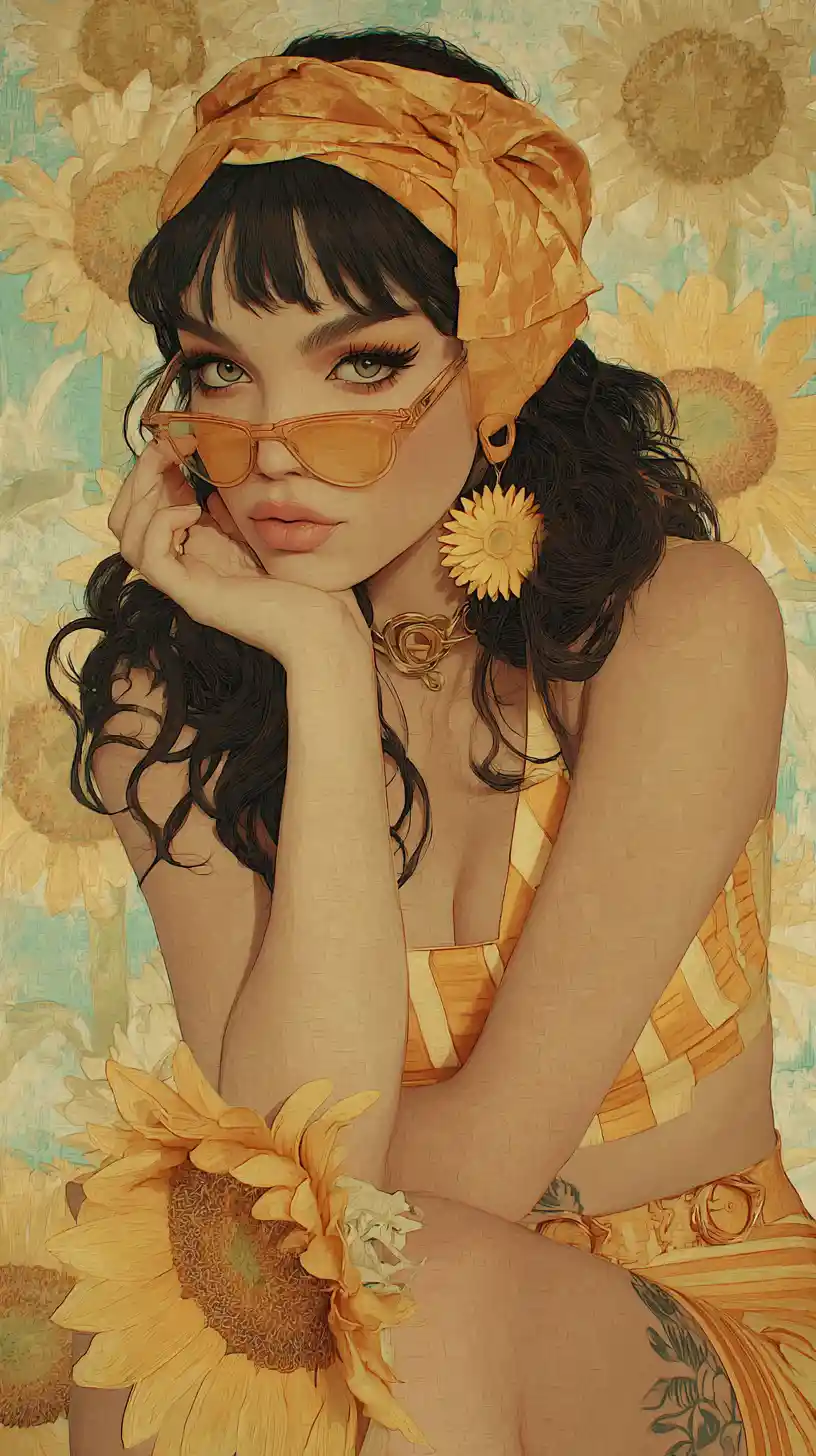 Smiling woman with sunflowers in a warm digital painting