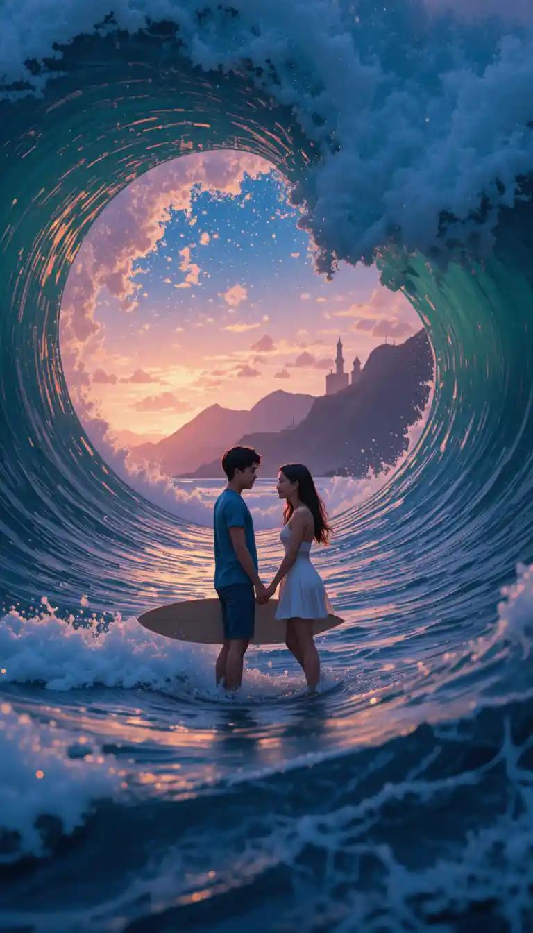 Teenage couple sharing a tender moment by the ocean wave