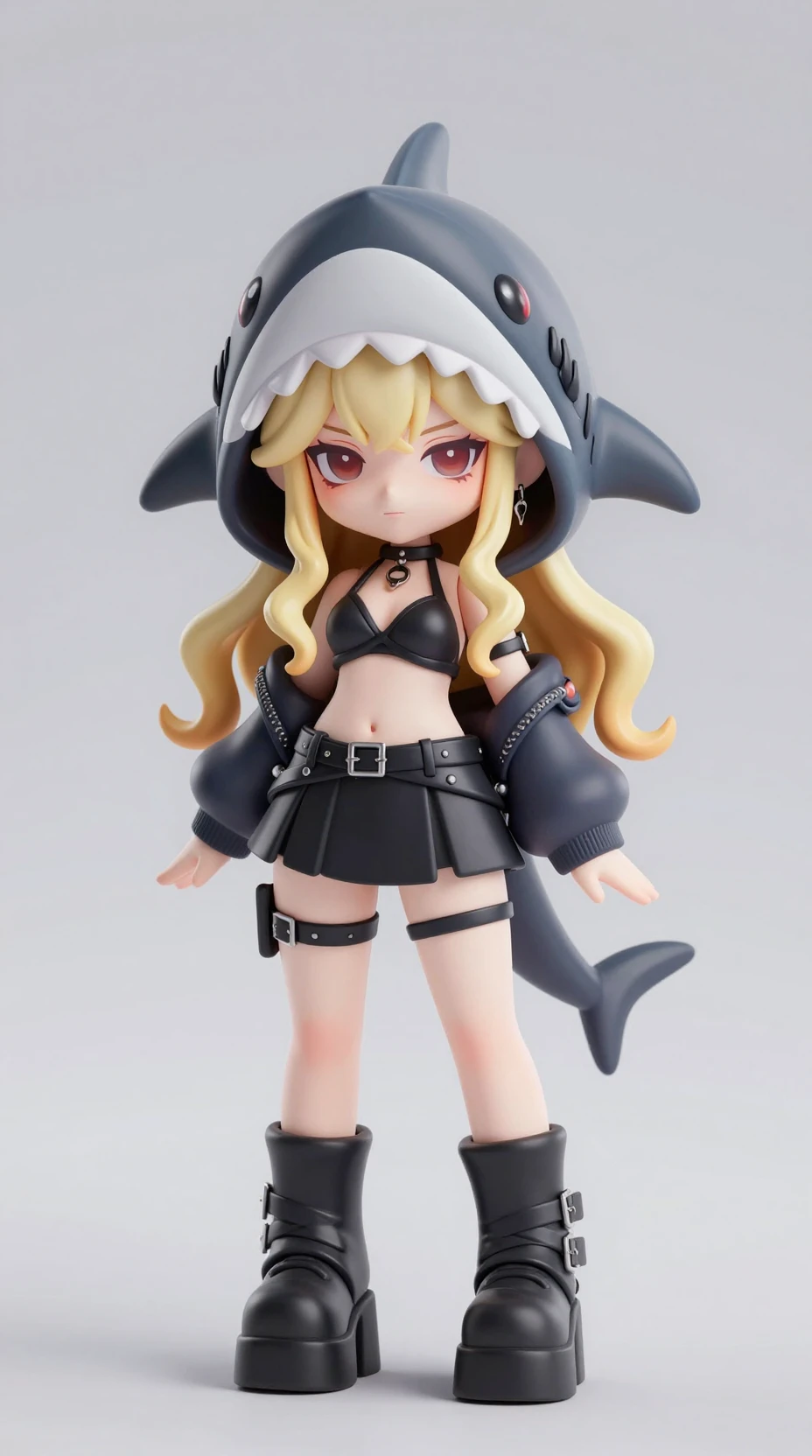 Figura de chica gótica chibi con capucha de tiburón en render 3D
