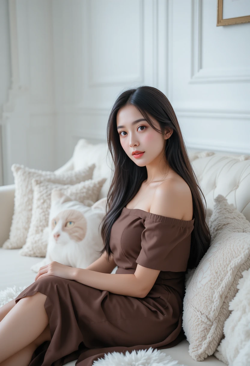 Young woman reclining on white couch in soft light