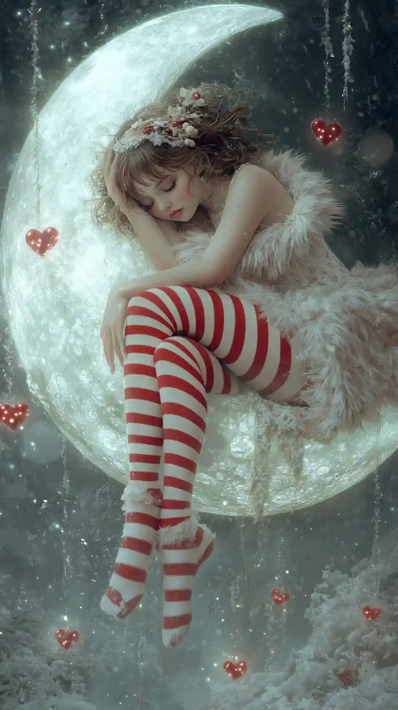Melancholic girl resting on a frosted crescent moon