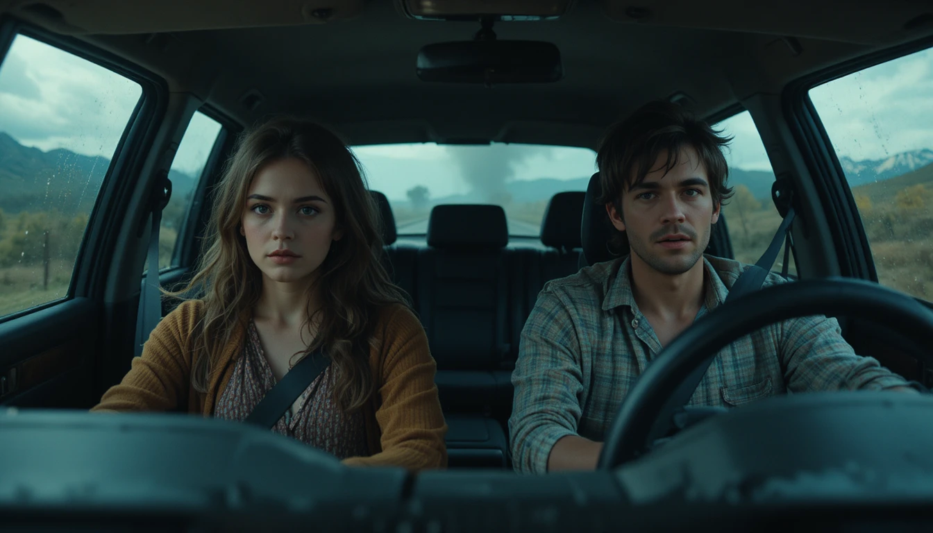 Young couple in a van haunted by a demonic passenger