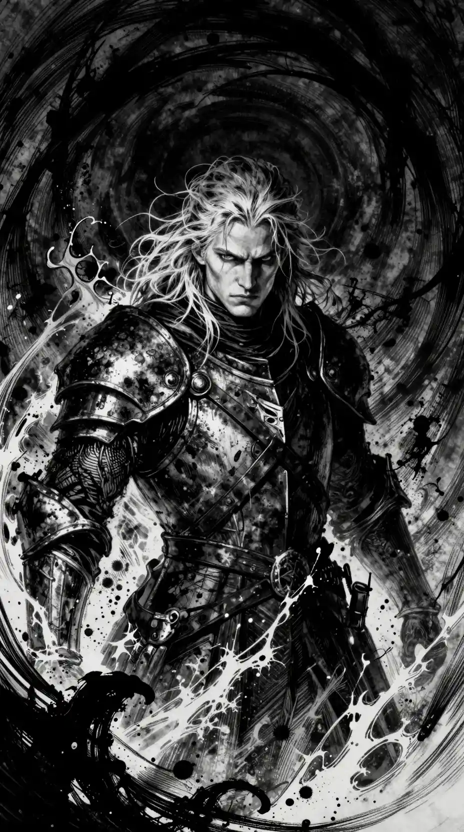 Stoic knight in swirling shadow and dark water vortex