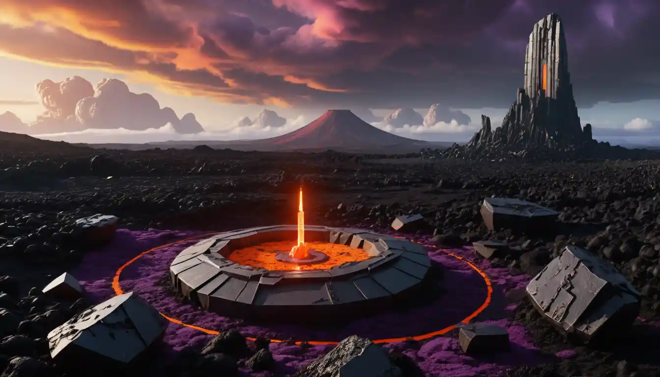 Funeral monument on a remote alien lava plateau