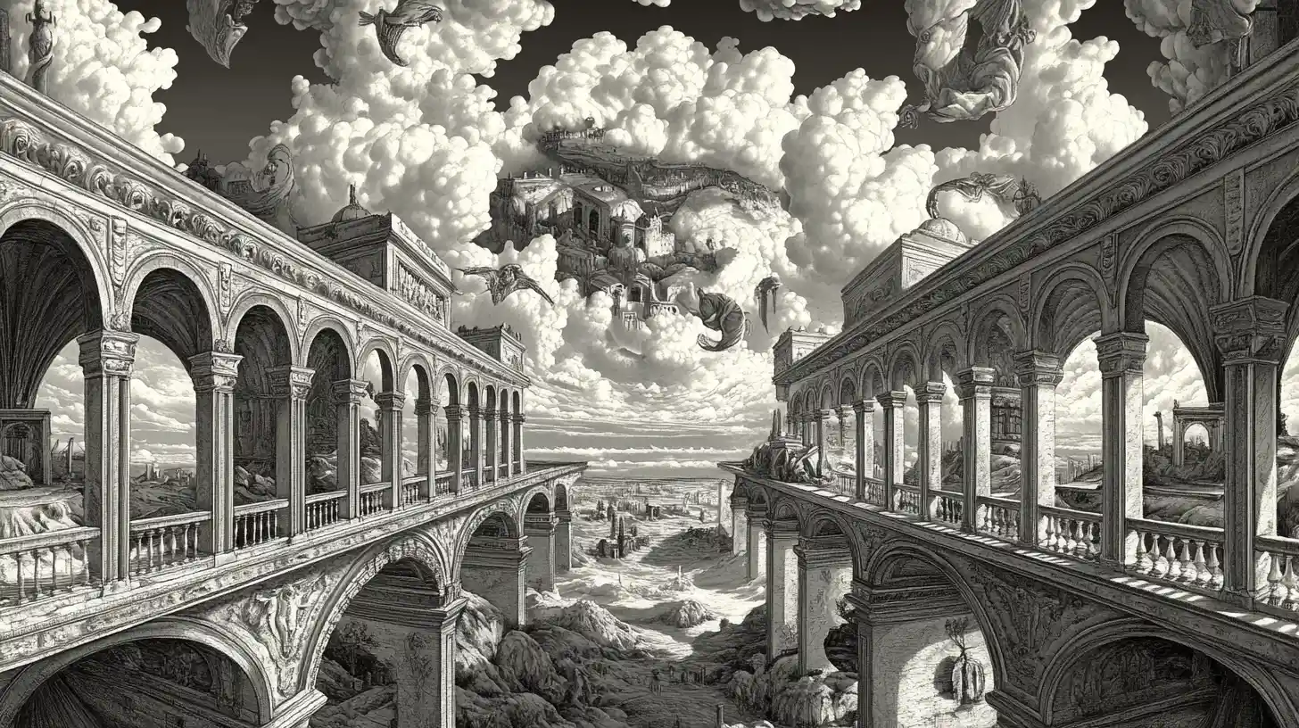Paesaggio onirico surreale di illusioni ottiche con immagini paradossali a strati