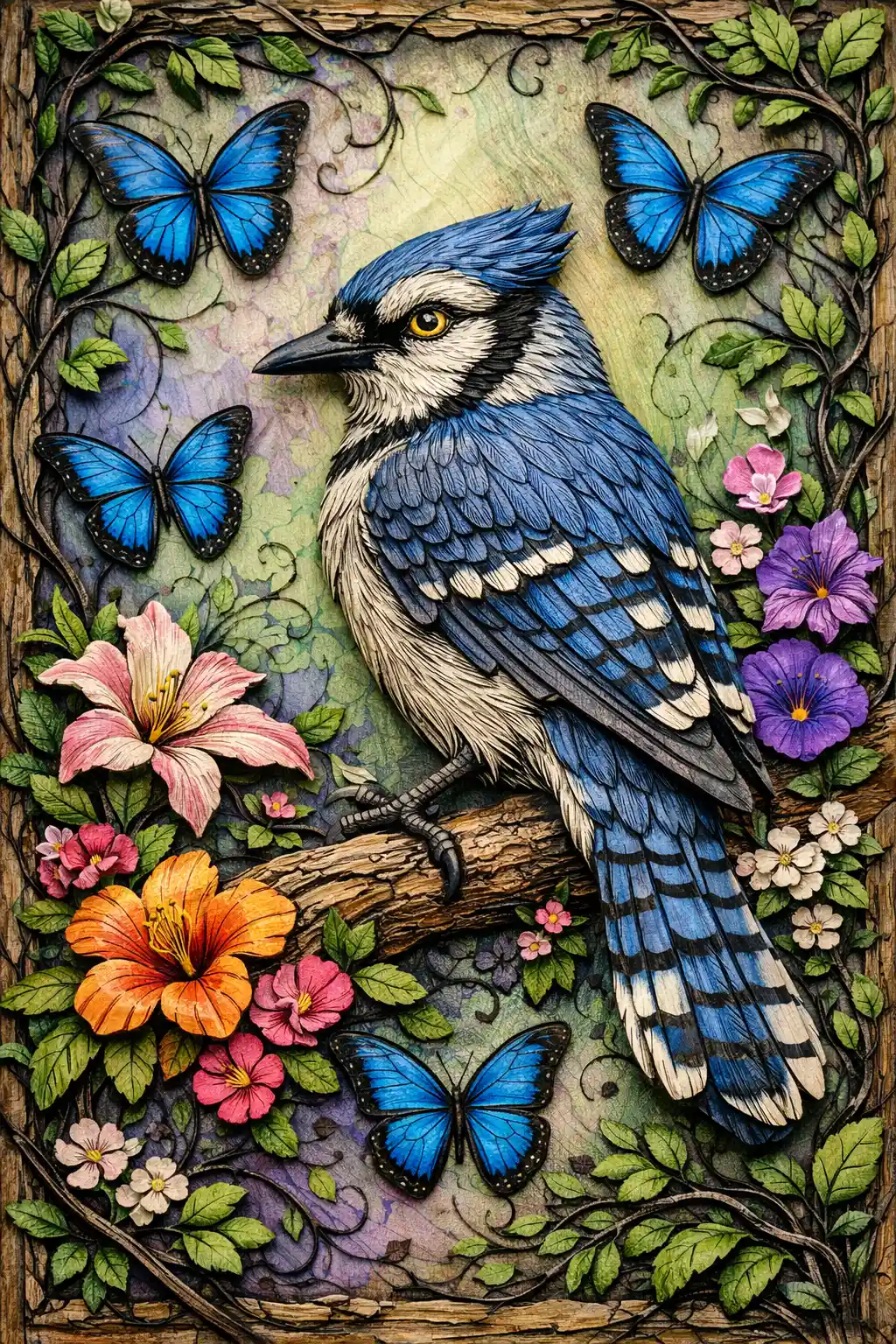 Blue jay ink relief perched on branch with butterflies