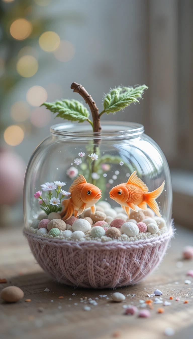 Knitted apple terrarium with goldfish and soft dreamy bokeh