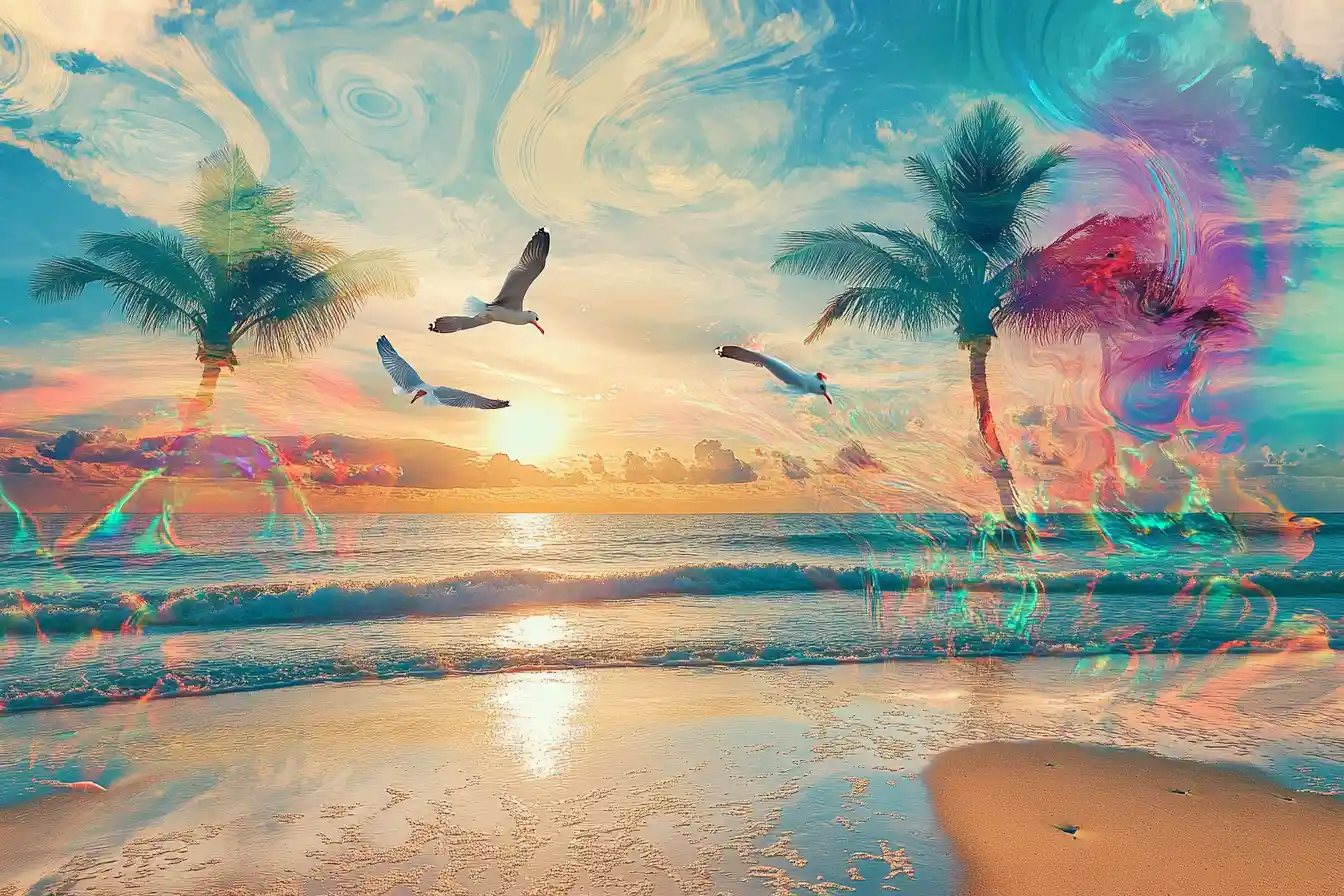 Surreal beach dissolving into a kaleidoscope dreamscape