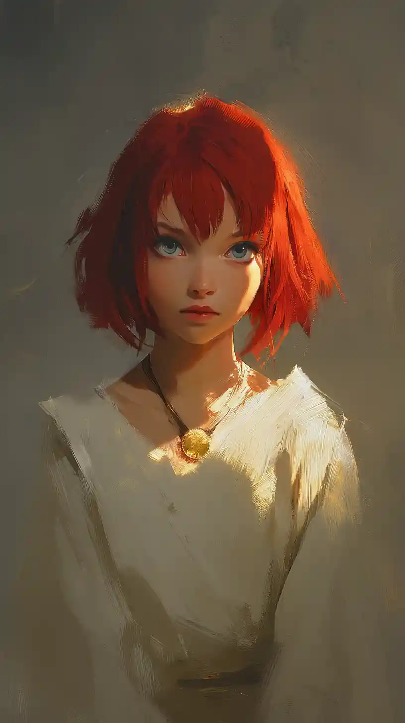 Serene crimson haired priestess portrait in soft golden light