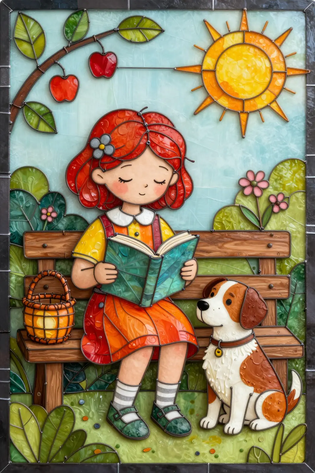 ステンドグラスの中で犬と読書する赤毛の少女