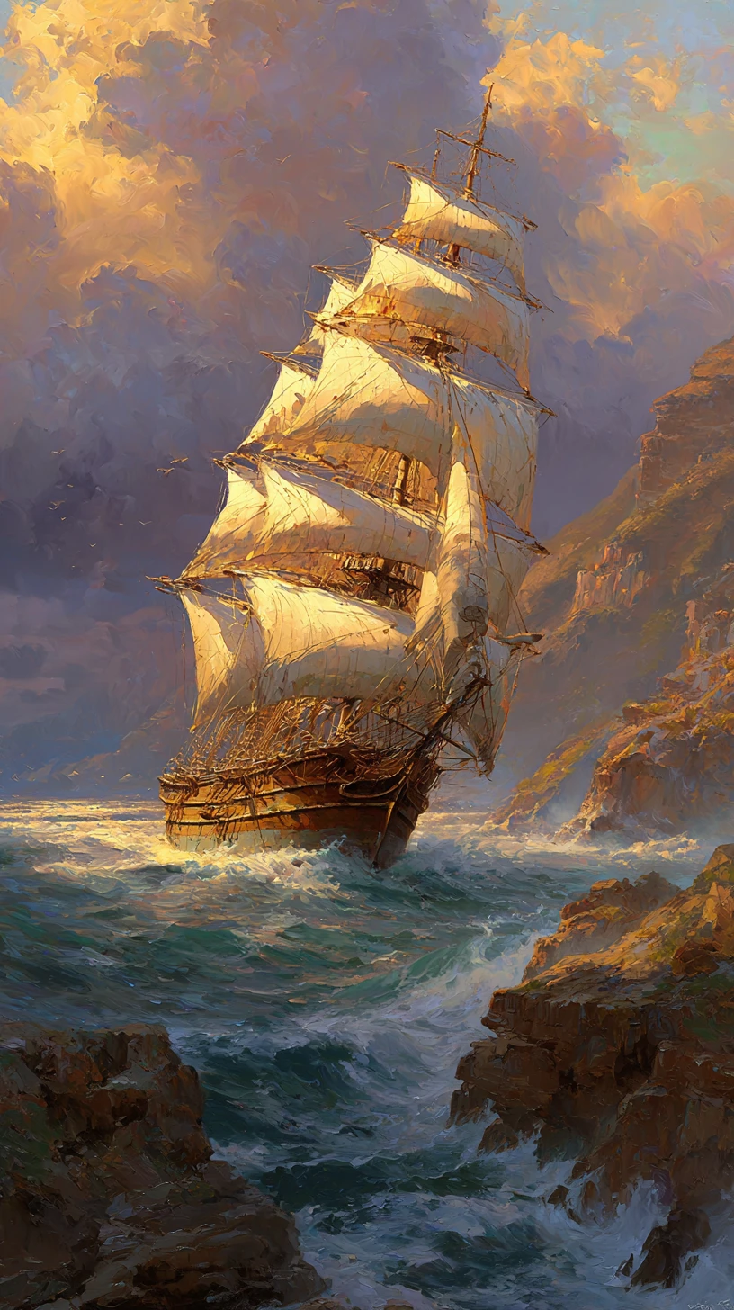 Majestic clipper ship battling waves off rocky Cape Point