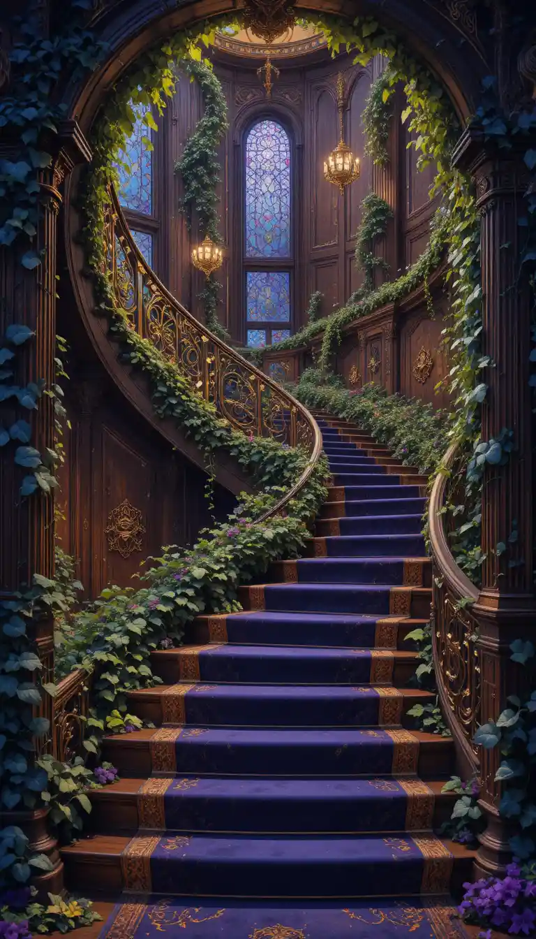 Romantic Fantasy Staircase Wrapped In Ivy And Silk Drapery