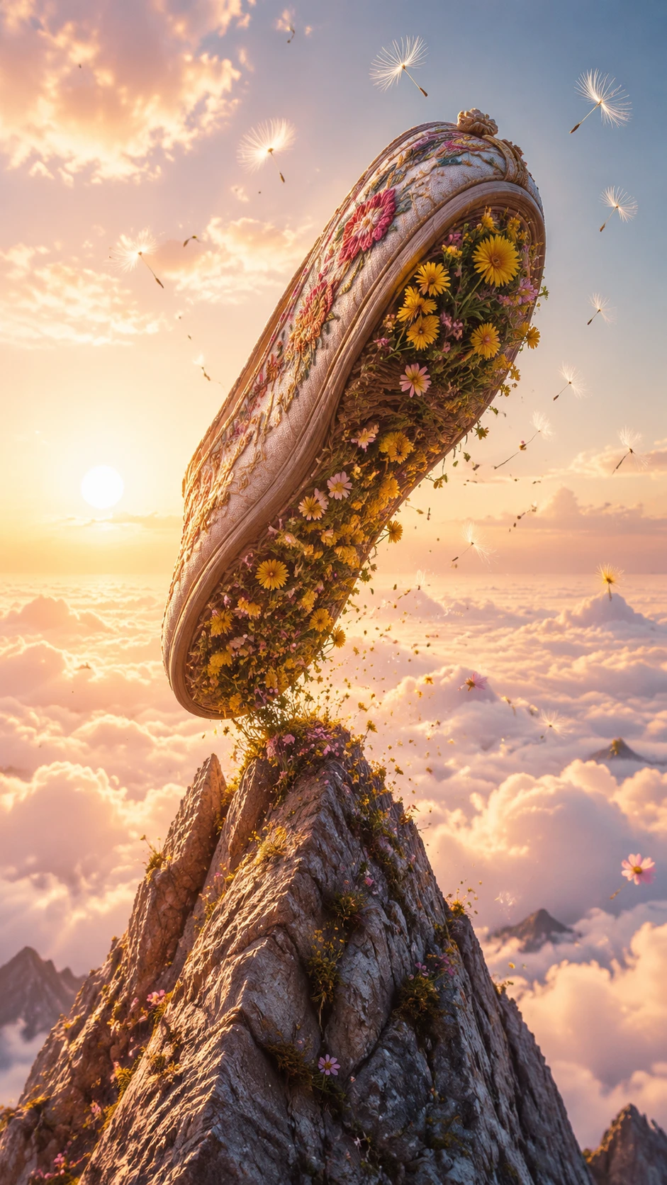 Embroidered silk slipper rising above a jagged mountain peak