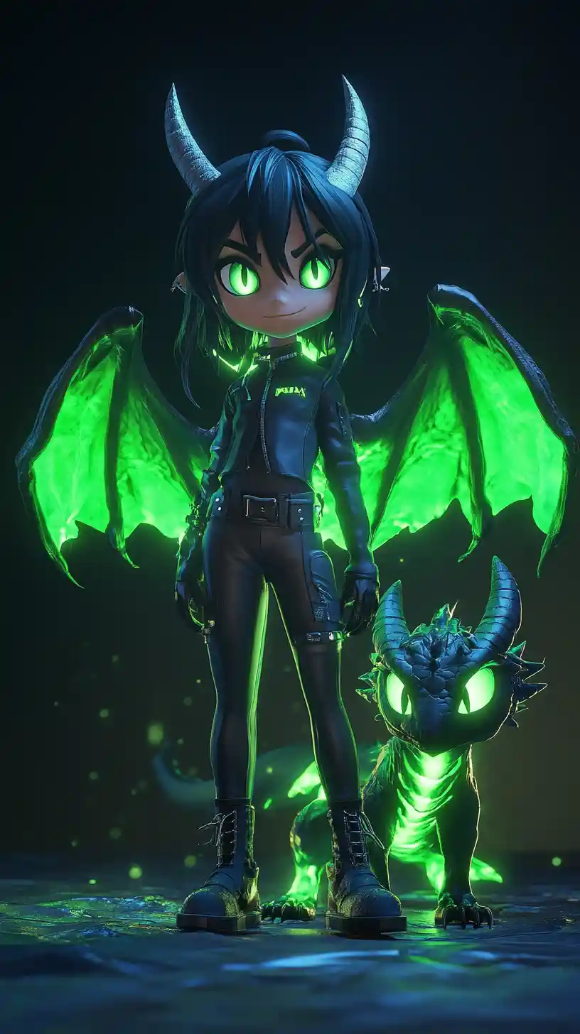 Chibi demon girl with neon bone dragon in dark fantasy