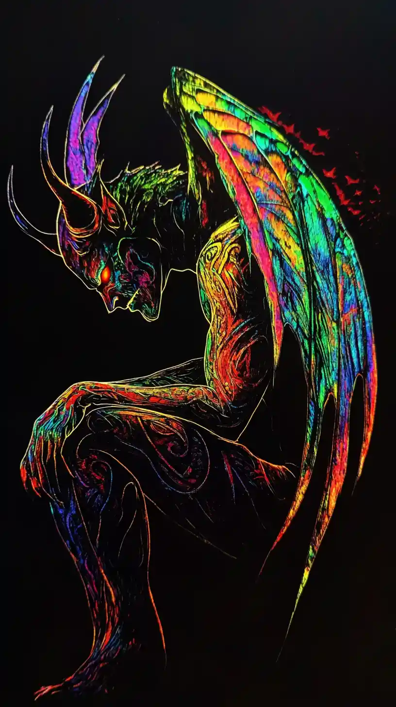 Horned winged demon silhouette with neon rainbow highlights