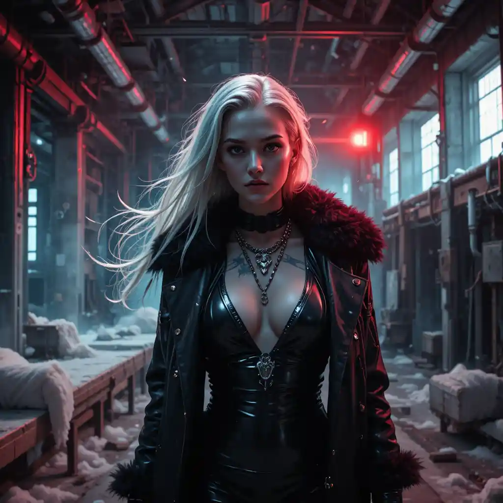 Cyberpunk nurse in abandoned industrial cryogenic factory