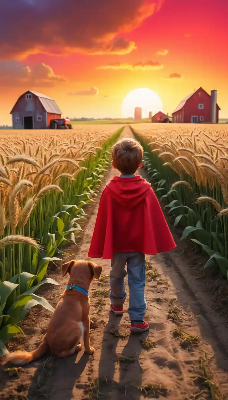 Young boy with red cape in wheat field at sunset
