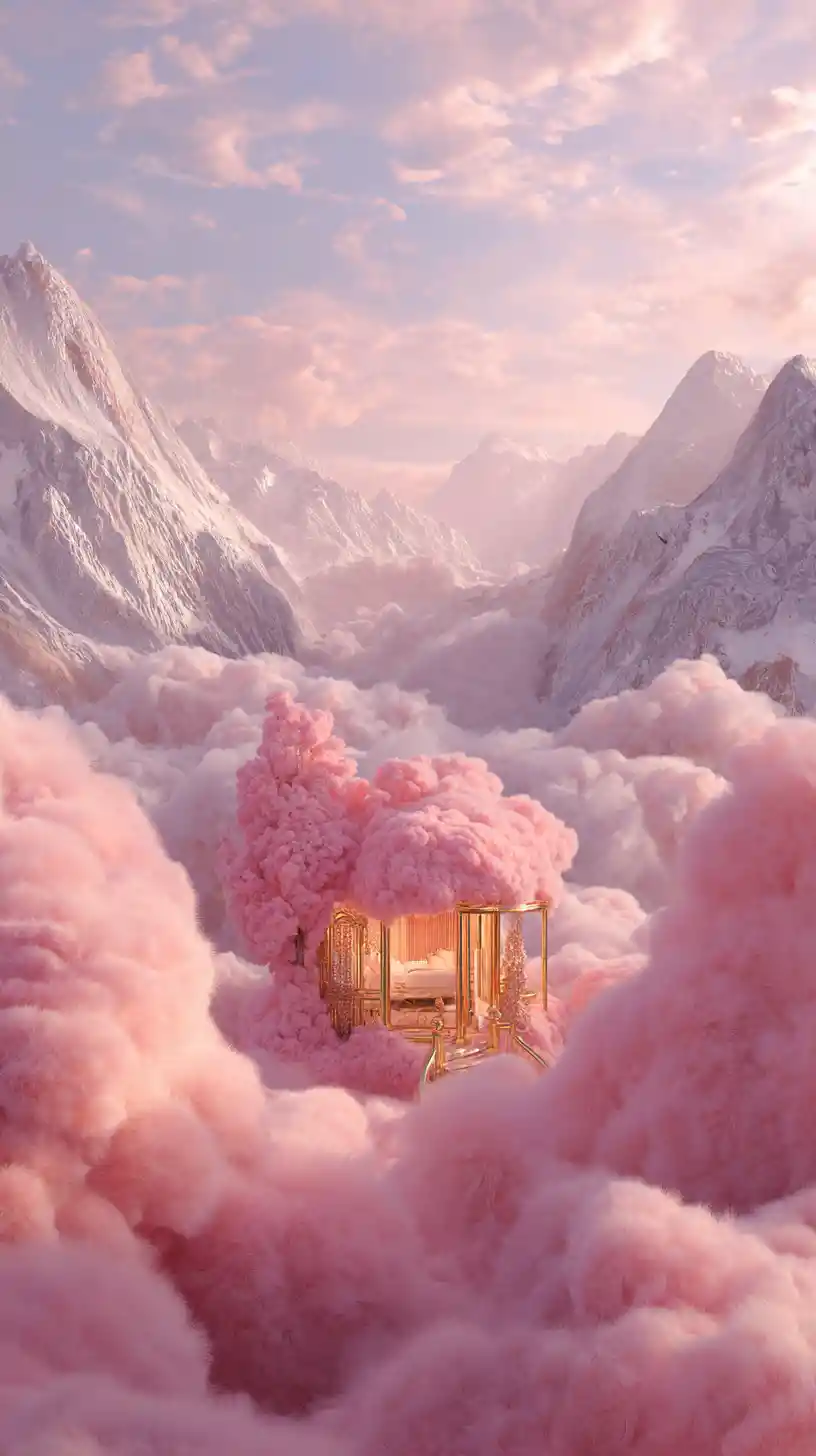 Floating pink cloud house above snowy mountain landscape