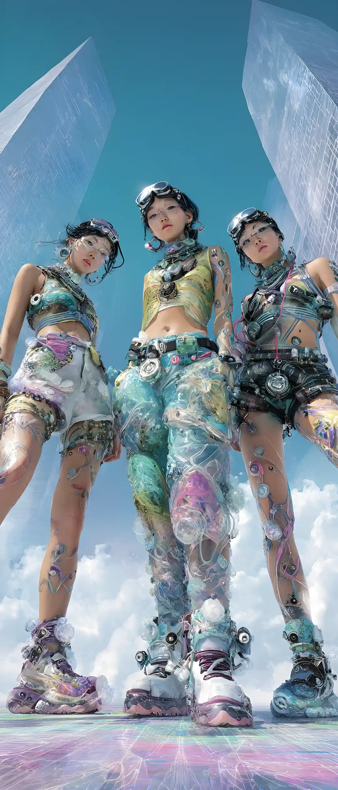 Cybernetic hip hop dancers in a futuristic summer city