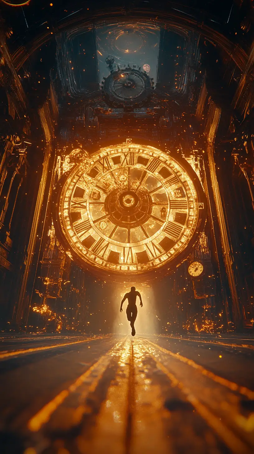 Person running across a giant surreal clock face