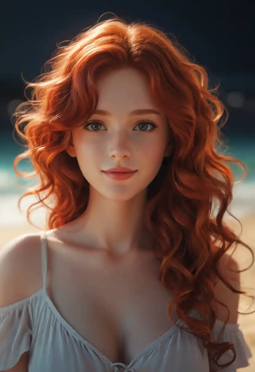 Anime red haired woman smiling on a summer beach