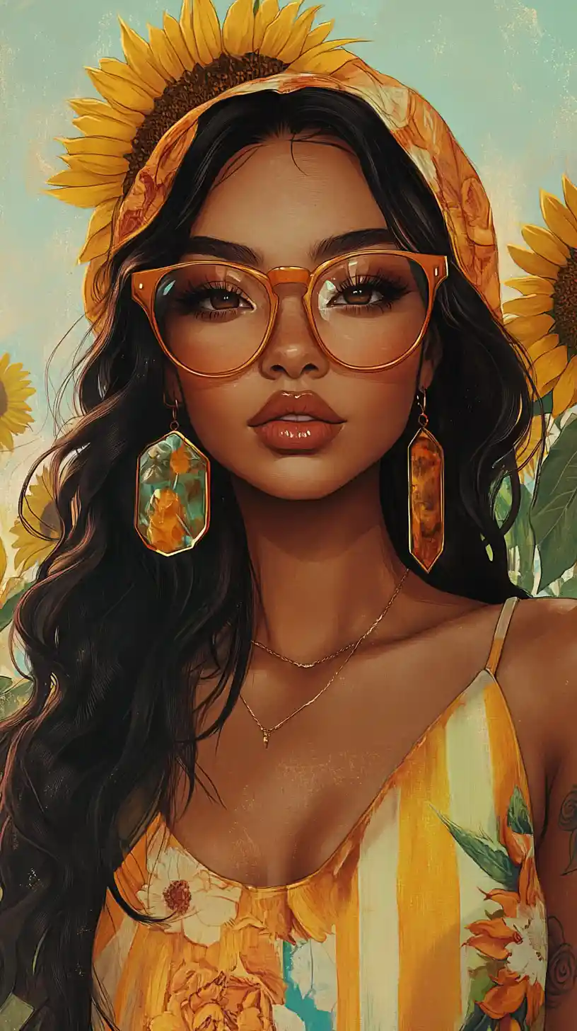 Stylish woman with sunflowers in a warm digital painting