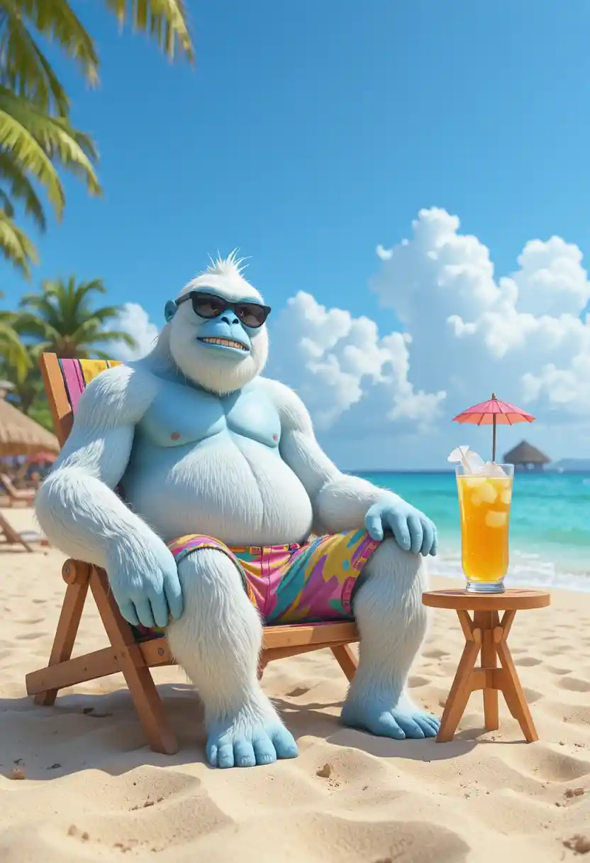 Giant yeti sunbathing on a sunny tropical beach