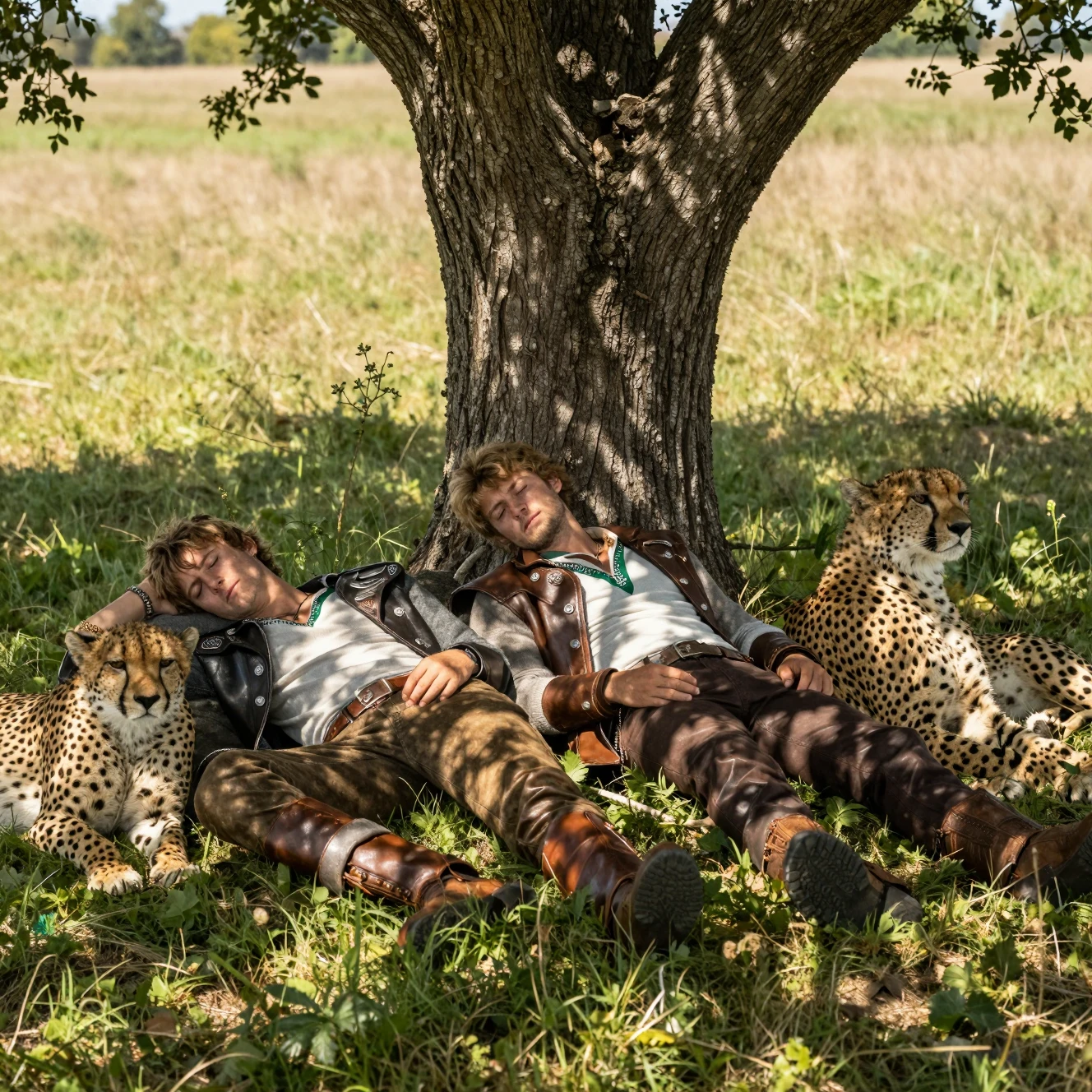 Dos jóvenes durmiendo con guepardos en un campo soleado