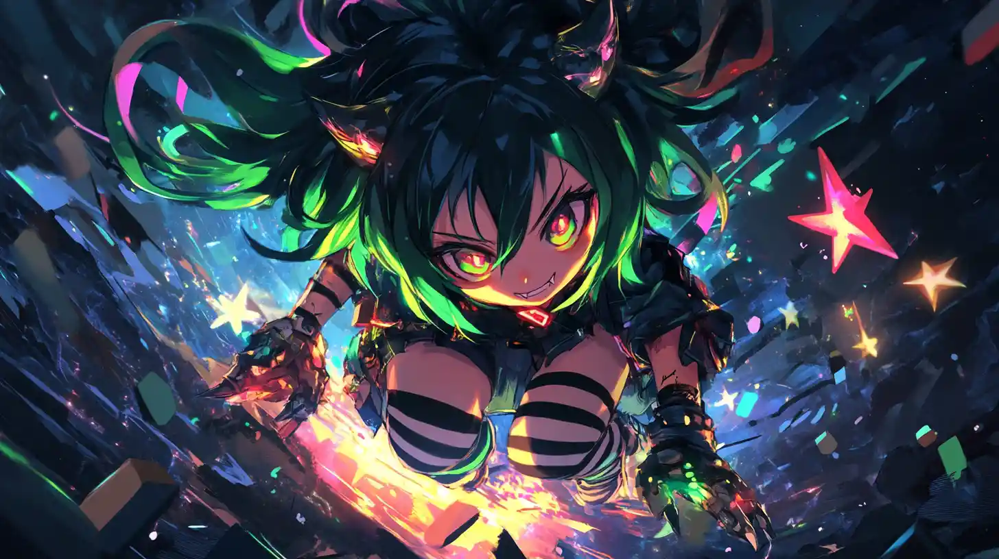 Rebellisches Chibi-Dämonenmädchen im neonfarbenen kosmischen Wirbel